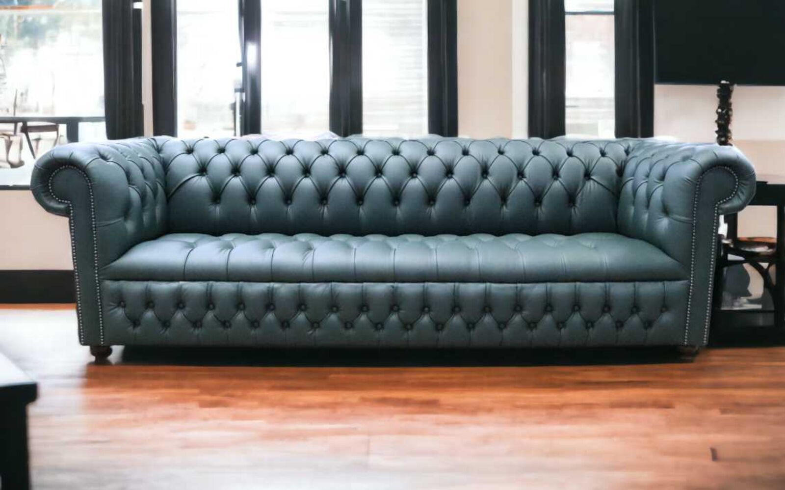 Product photograph of Chesterfield 4 Seater Settee Buttoned Seat Jade Green Leather Sofa Offer from Designer Sofas 4U