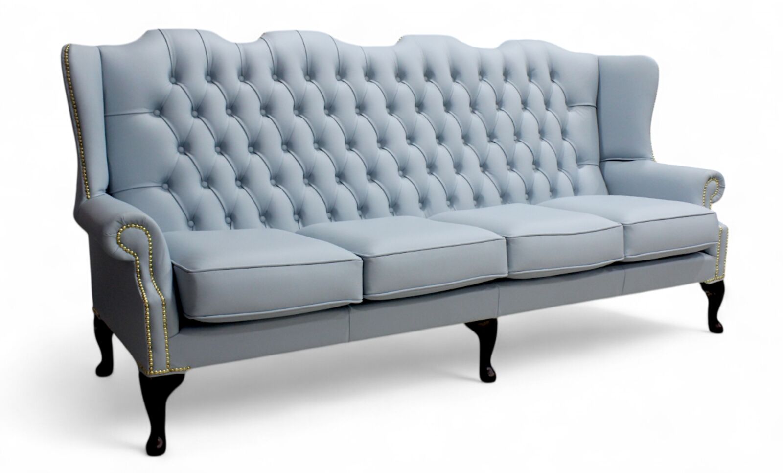 Product photograph of Chesterfield 4 Seater Mallory Flat Wing Queen Anne High Back Wing Sofa Parlour Blue Leather from Designer Sofas 4U