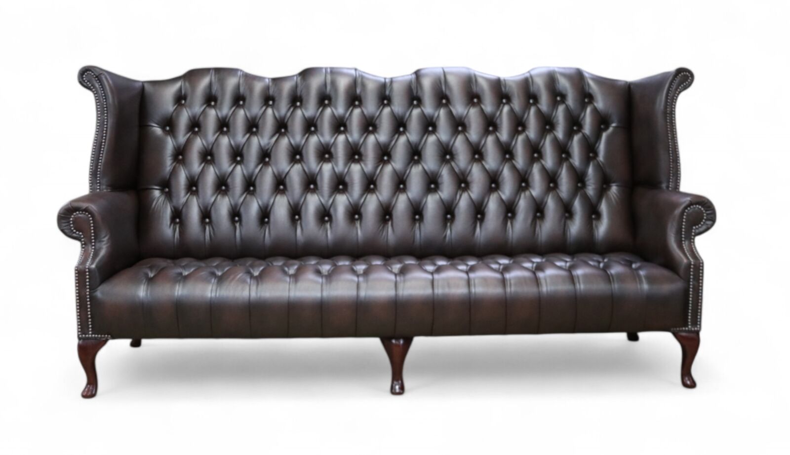 Product photograph of Chesterfield 4 Seater Queen Anne Buttoned Seat High Back Wing Sofa Antique Brown Leather from Designer Sofas 4U