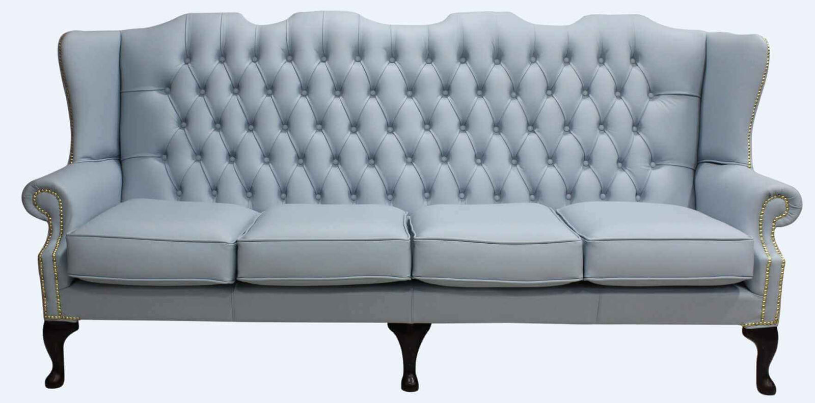 Product photograph of Chesterfield 4 Seater Mallory Flat Wing Queen Anne High Back Wing Sofa Parlour Blue Leather from Designer Sofas 4U