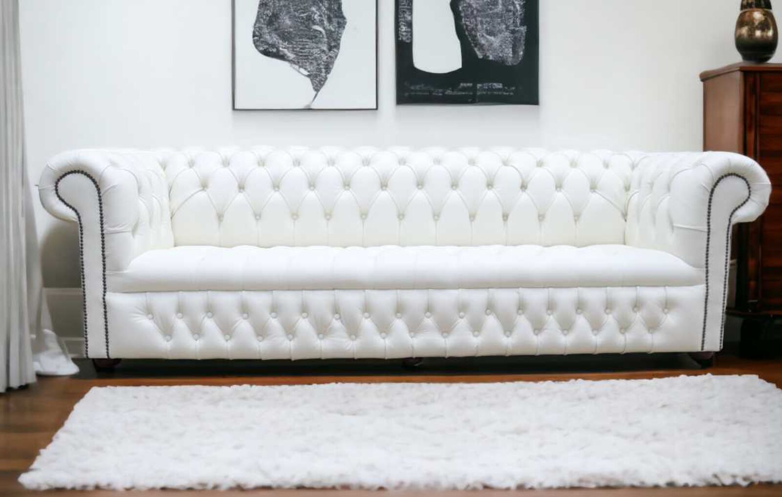 Product photograph of Chesterfield 4 Seater Settee Buttoned Seat Shelly White Leather Sofa Offer from Designer Sofas 4U