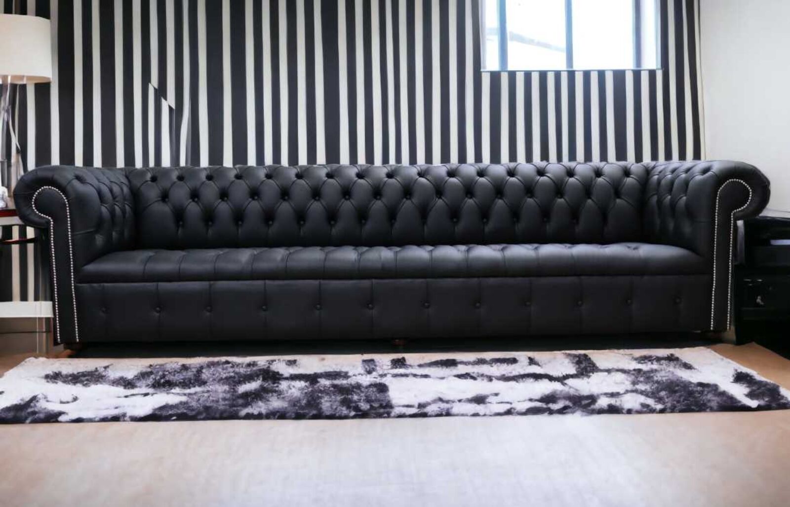 Product photograph of Chesterfield 5 Seater Settee Buttoned Seat Black Leather Sofa Offer from Designer Sofas 4U