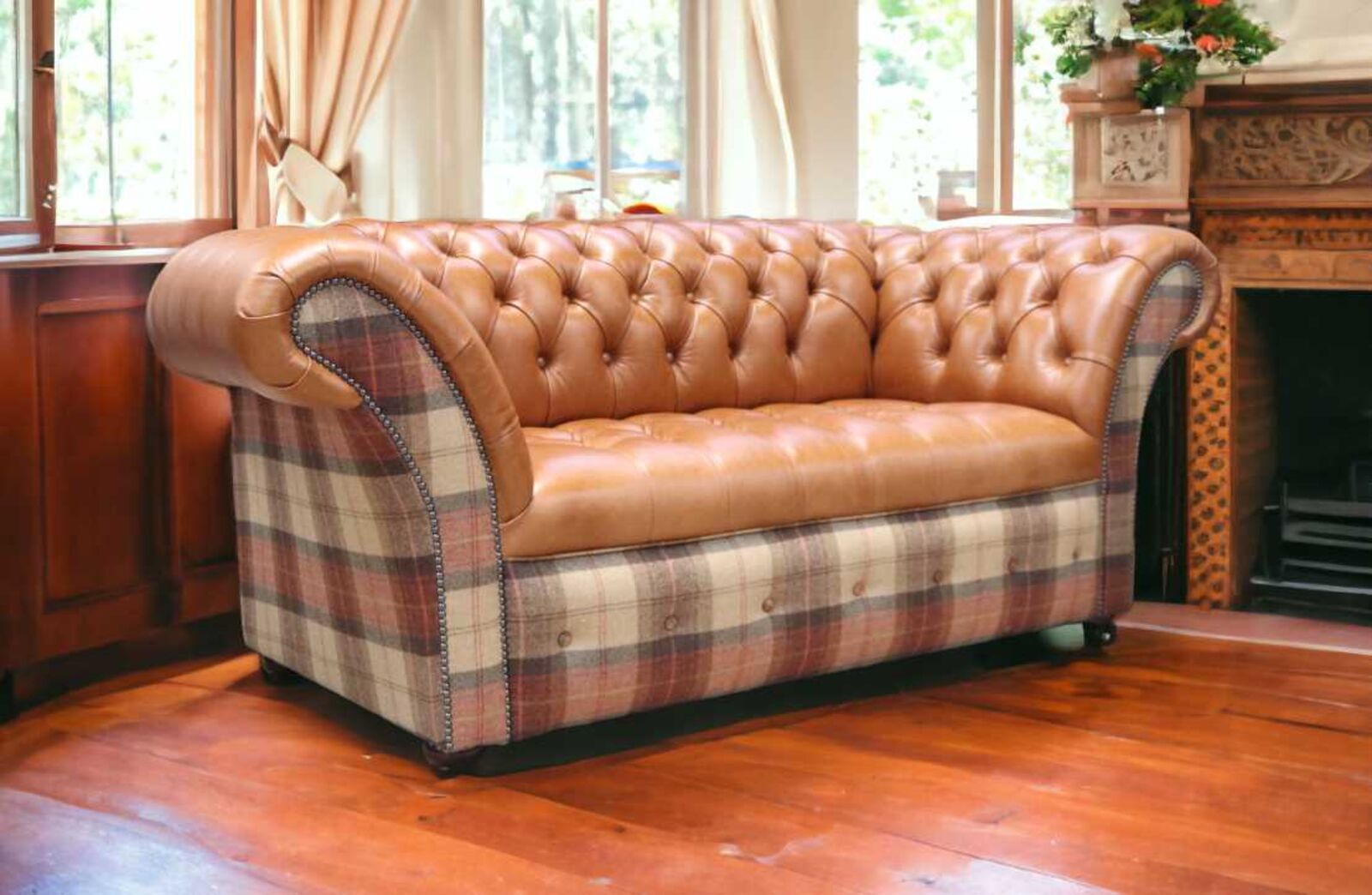 Product photograph of Chesterfield Balmoral Buttoned Seat 2 Seater Sofa Settee Old English Bruciato Leather Amp Rosewine Wool from Designer Sofas 4U