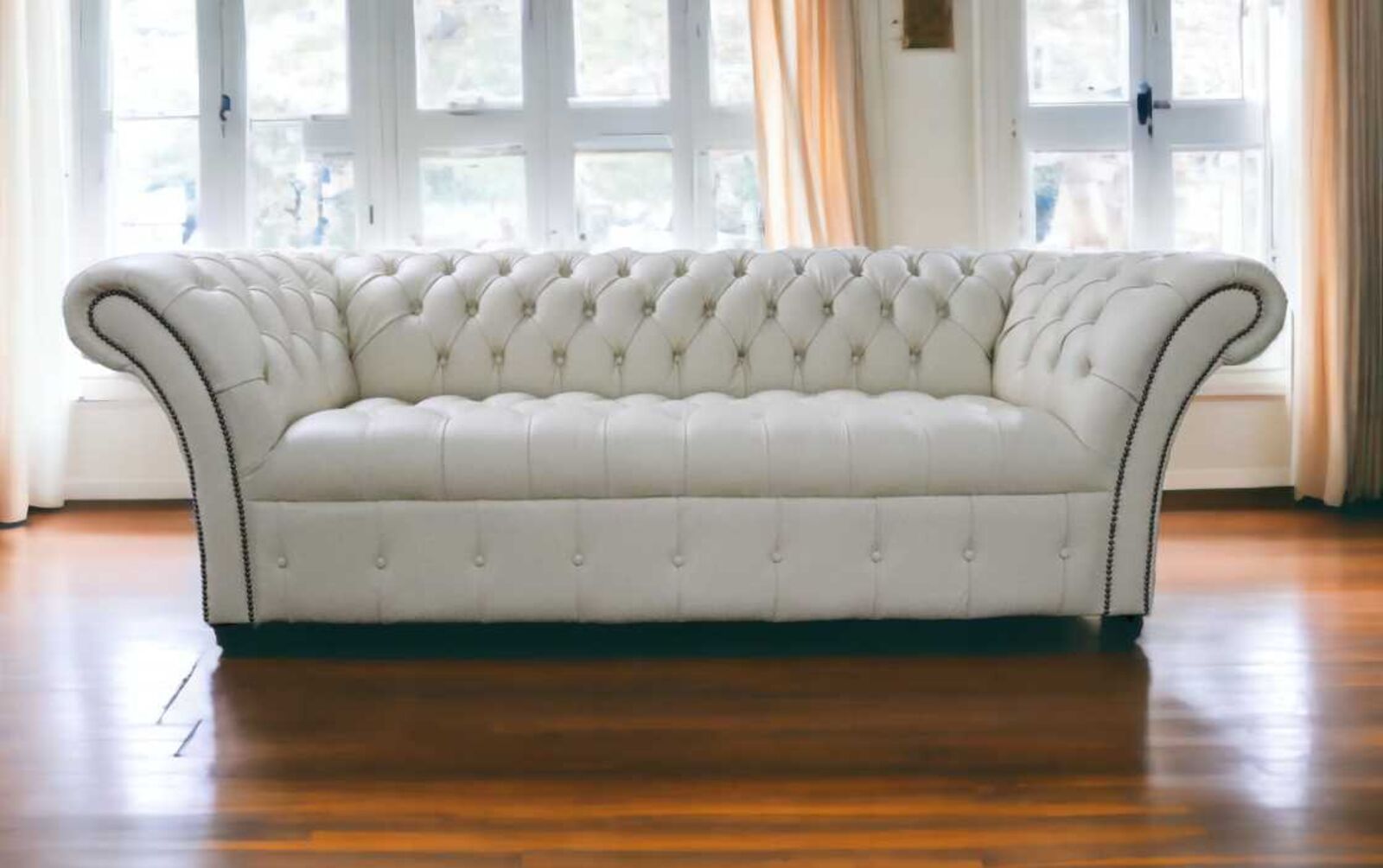 Product photograph of Chesterfield Balmoral 3 Seater Buttoned Seat Sofa Settee Cream Real Leather from Designer Sofas 4U