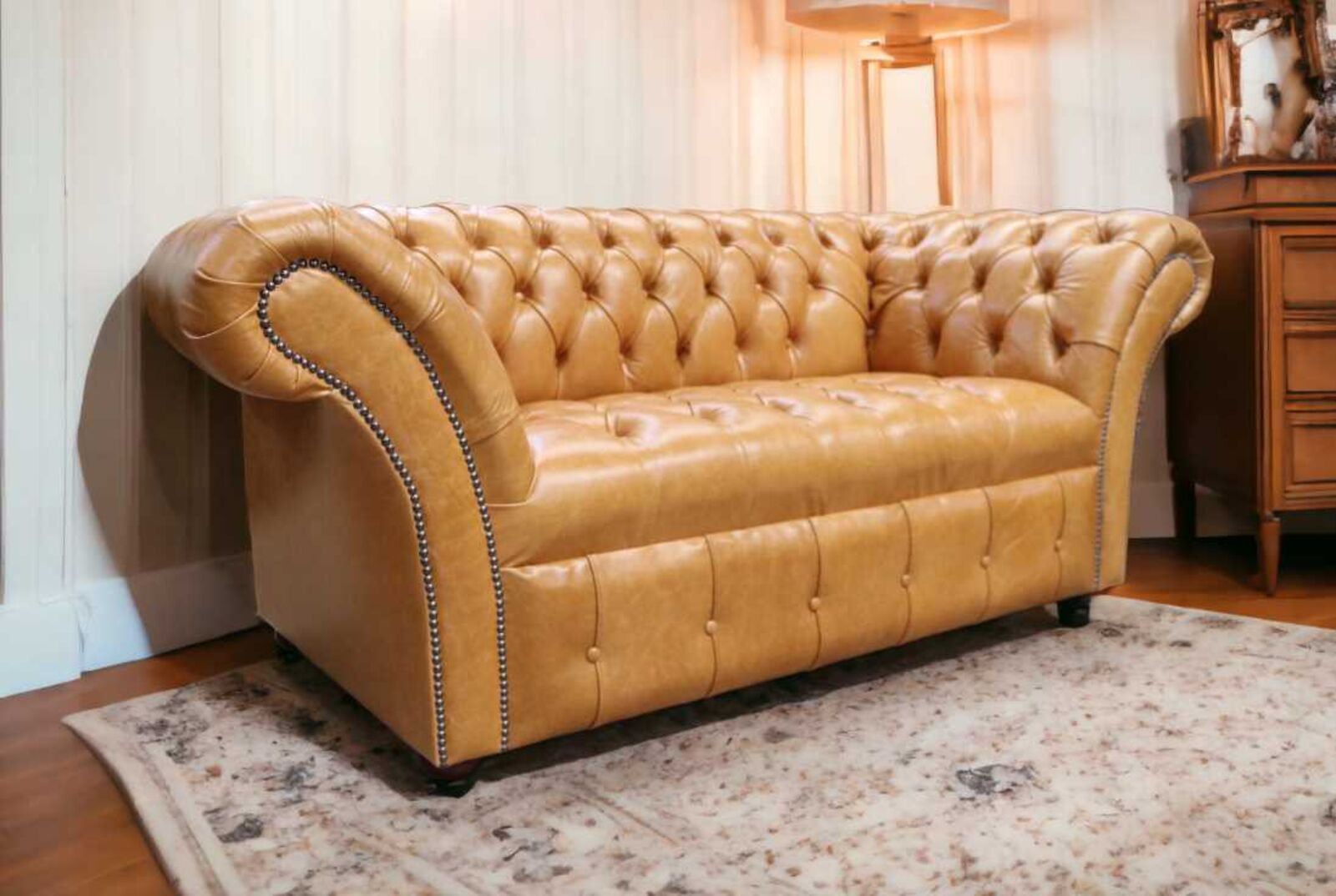 Product photograph of Chesterfield Balmoral Buttoned Seat 2 Seater Sofa Settee Old English Buckskin Leather from Designer Sofas 4U