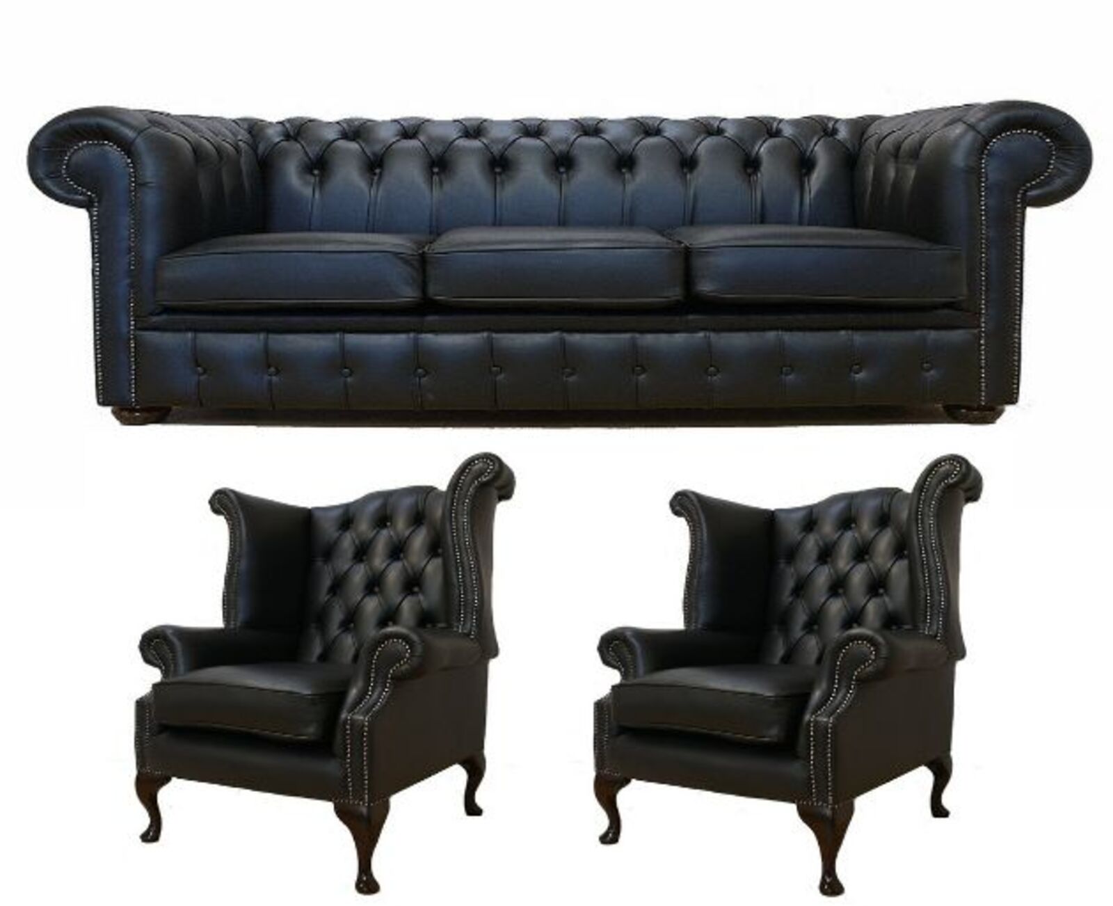 Product photograph of Chesterfield Leather 3 Seater Wing Chair Wing Chair Sofa Offer Black from Designer Sofas 4U