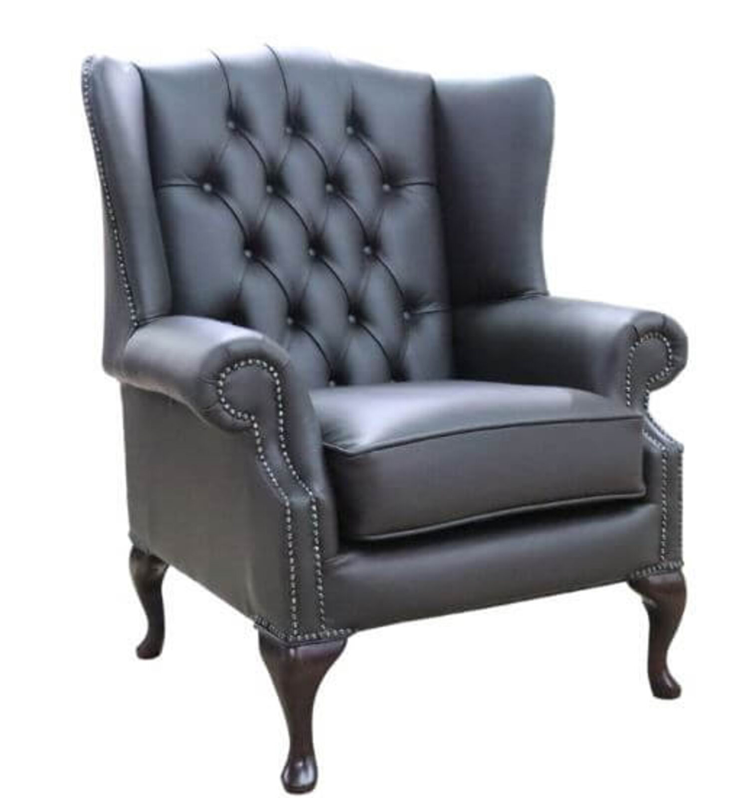 Product photograph of Chesterfield Bloomsbury Flat Wing Queen Anne High Back Wing Chair Chocolate Leather from Designer Sofas 4U
