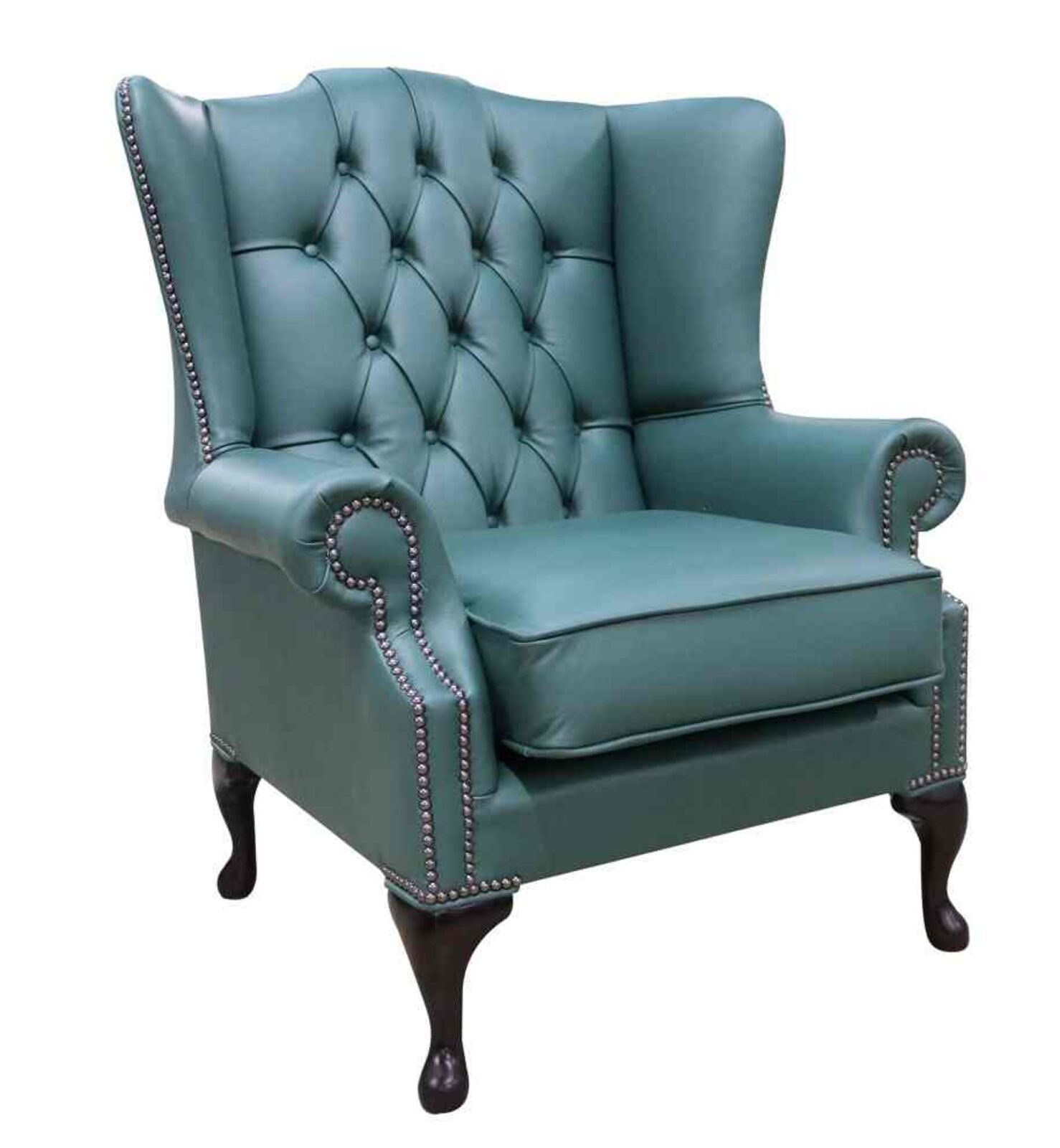Product photograph of Chesterfield Bloomsbury Flat Wing Queen Anne High Back Wing Chair Jade Green Leather from Designer Sofas 4U