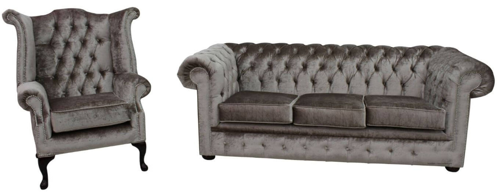 Product photograph of Chesterfield 3 Seater Settee Queen Anne Wing Chair Boutique Beige Velvet Sofa Suite Offer from Designer Sofas 4U