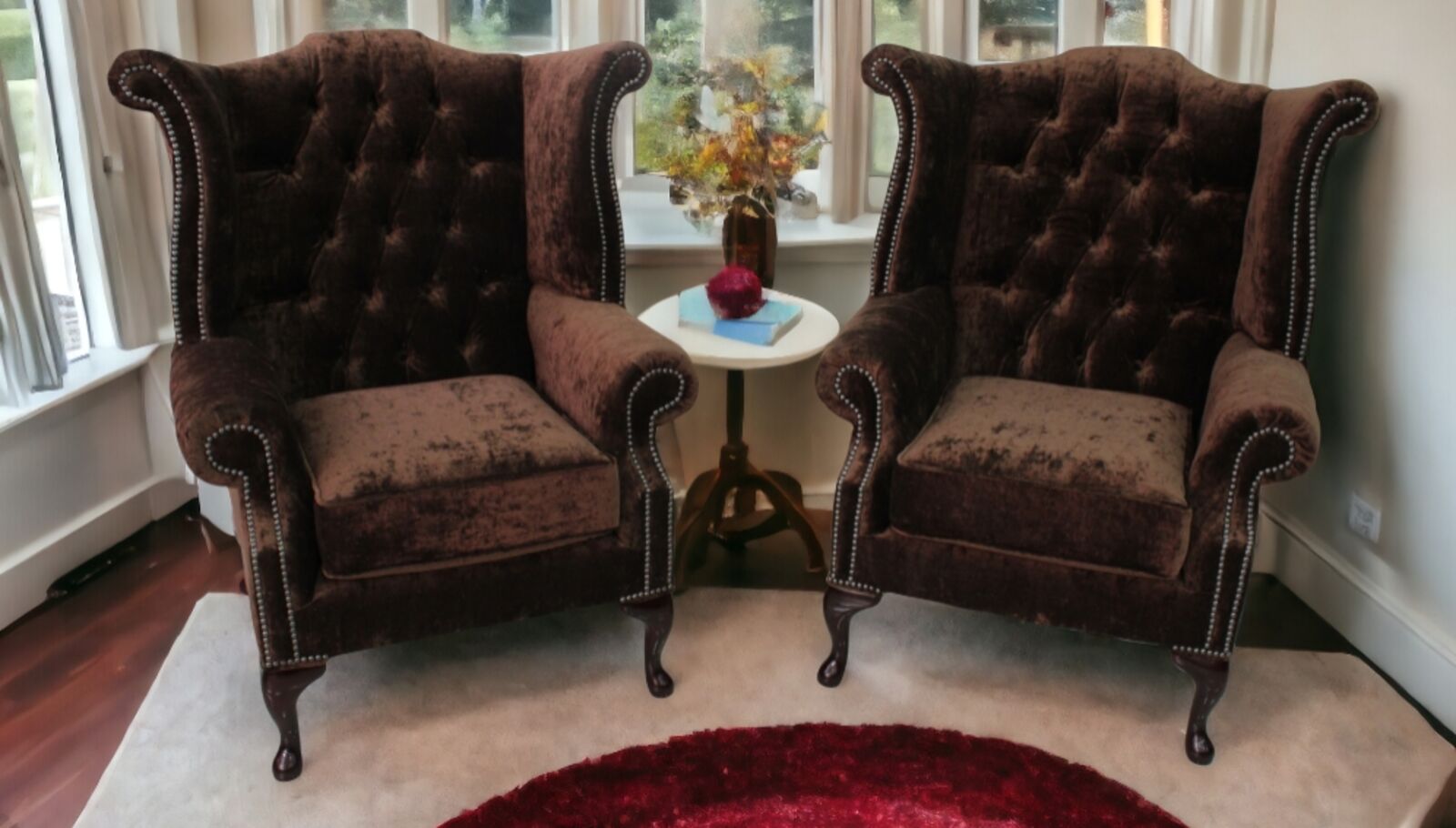 Product photograph of 2 X Chesterfield Queen Anne High Back Wing Chairs Modena Dark Brown Velvet from Designer Sofas 4U