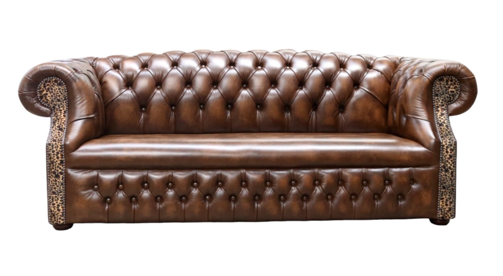 Product photograph of Chesterfield Buckingham Fixed Seat 3 Seater Antique Tan Leather Sofa Sand Leopard Facing from Designer Sofas 4U