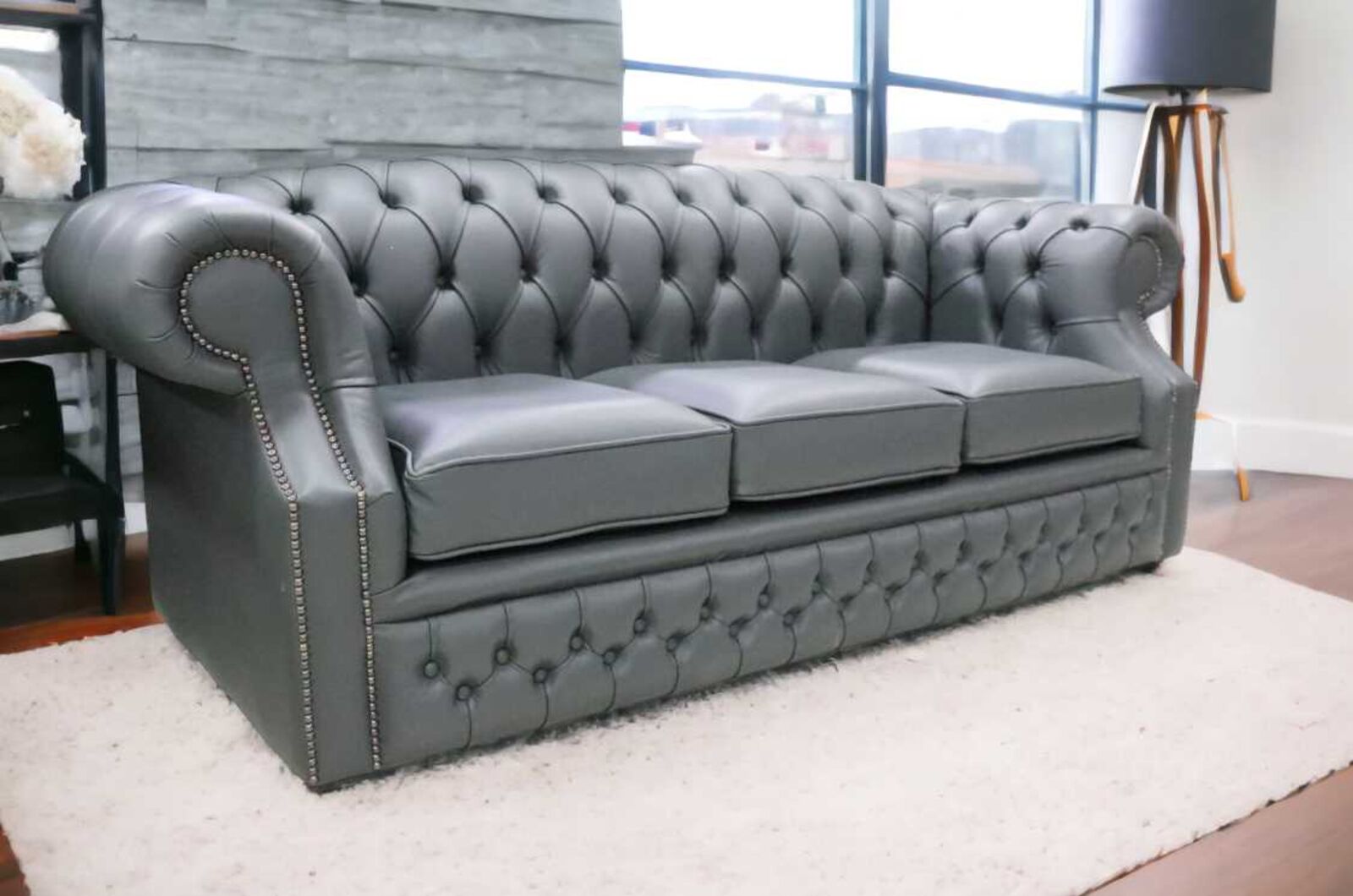 Product photograph of Chesterfield Buckingham 3 Seater Vele Charcoal Grey Leather Sofa Offer from Designer Sofas 4U