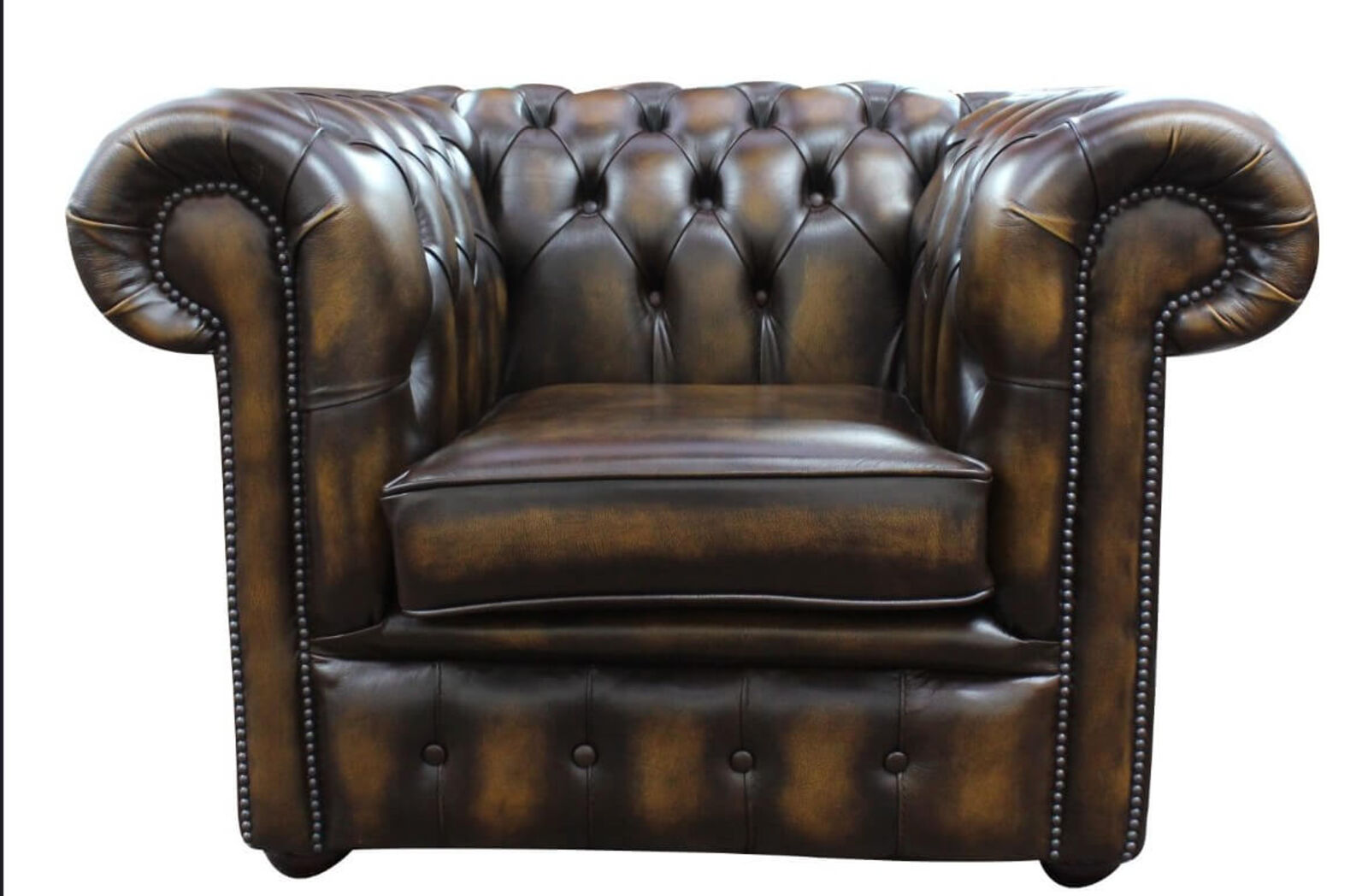Product photograph of Chesterfield Low Back Club Armchair Antique Gold Real Leather from Designer Sofas 4U