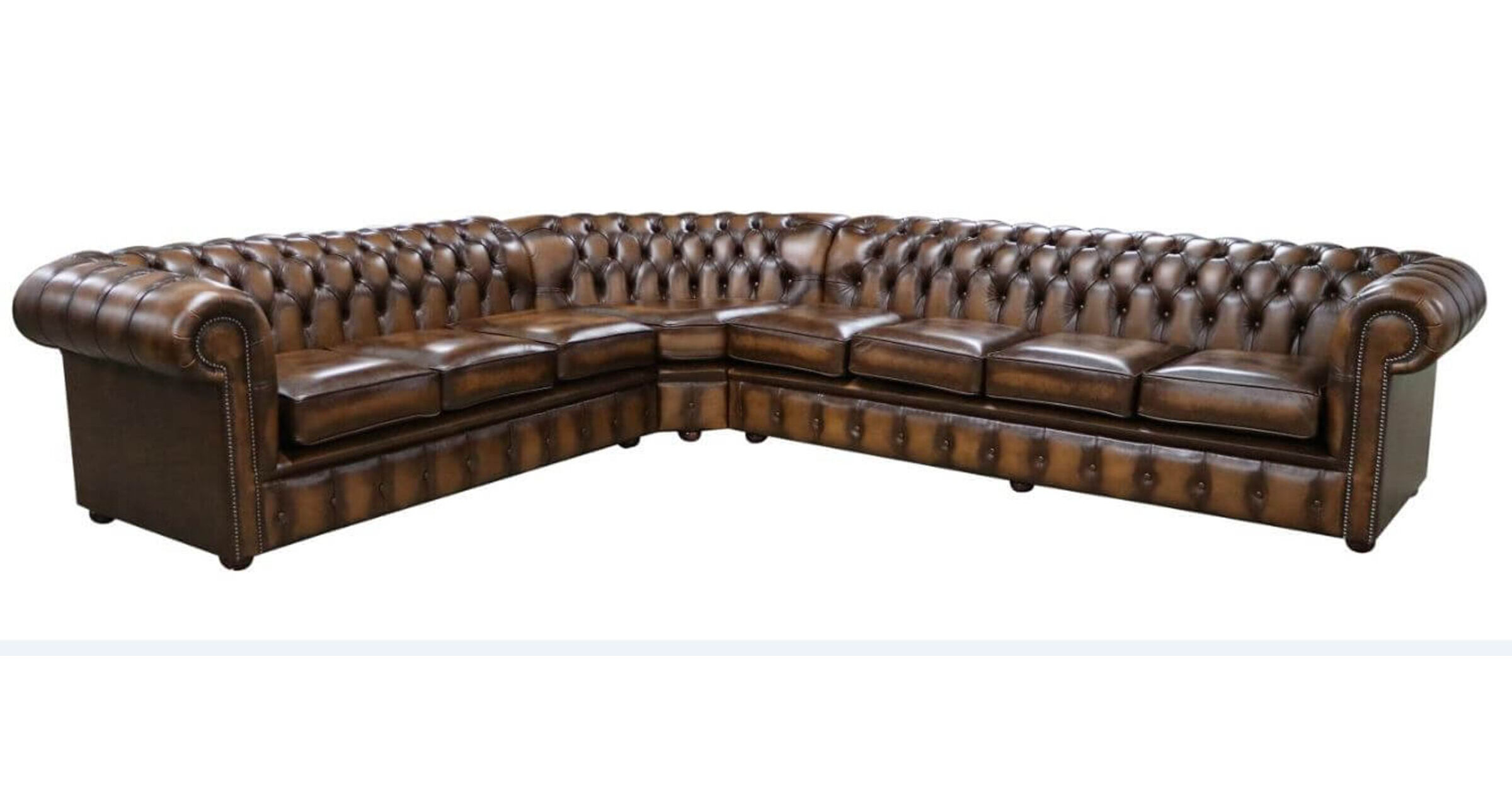 Large Chesterfield Corner Sofa Unit Cushioned 8 Seater Antique Tan Leather