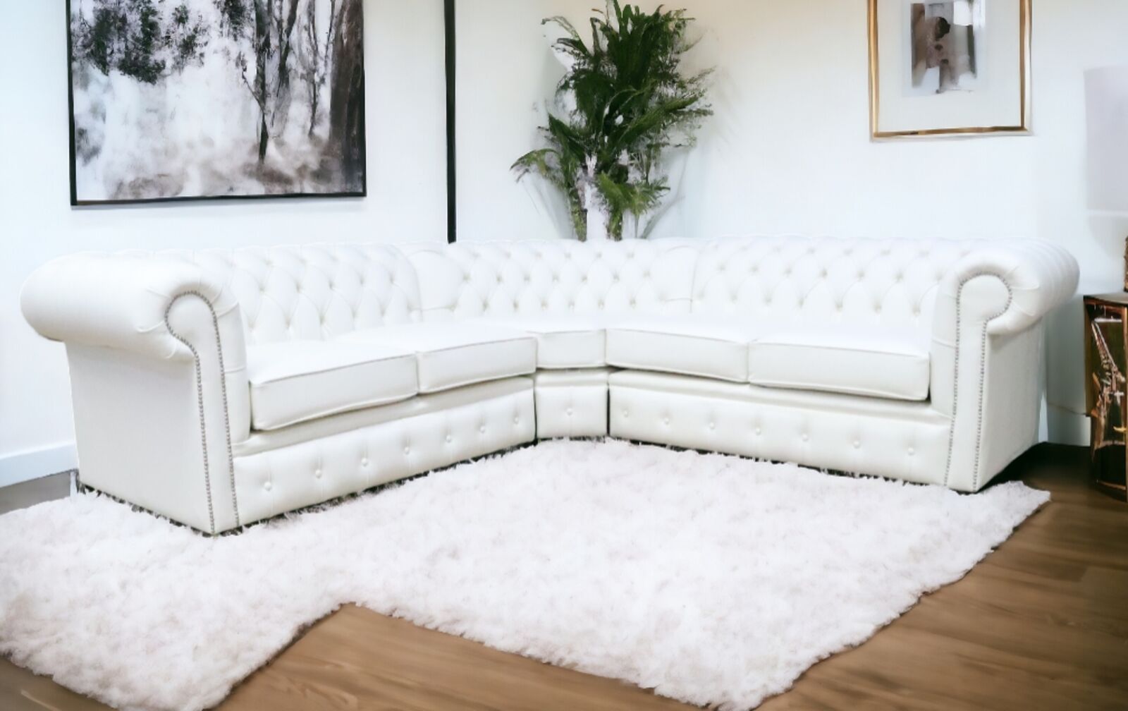 Product photograph of Chesterfield Corner Sofa Unit Cushioned 2 Seater Corner 2 Seater Winter White Leather from Designer Sofas 4U