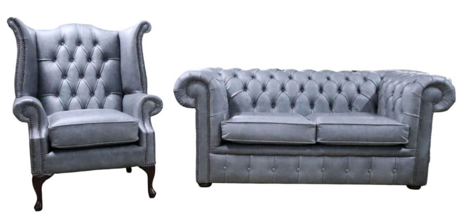 Product photograph of Chesterfield 2 Seater Sofa Queen Anne Chair Cracked Wax Ash Grey Leather Sofa Suite from Designer Sofas 4U