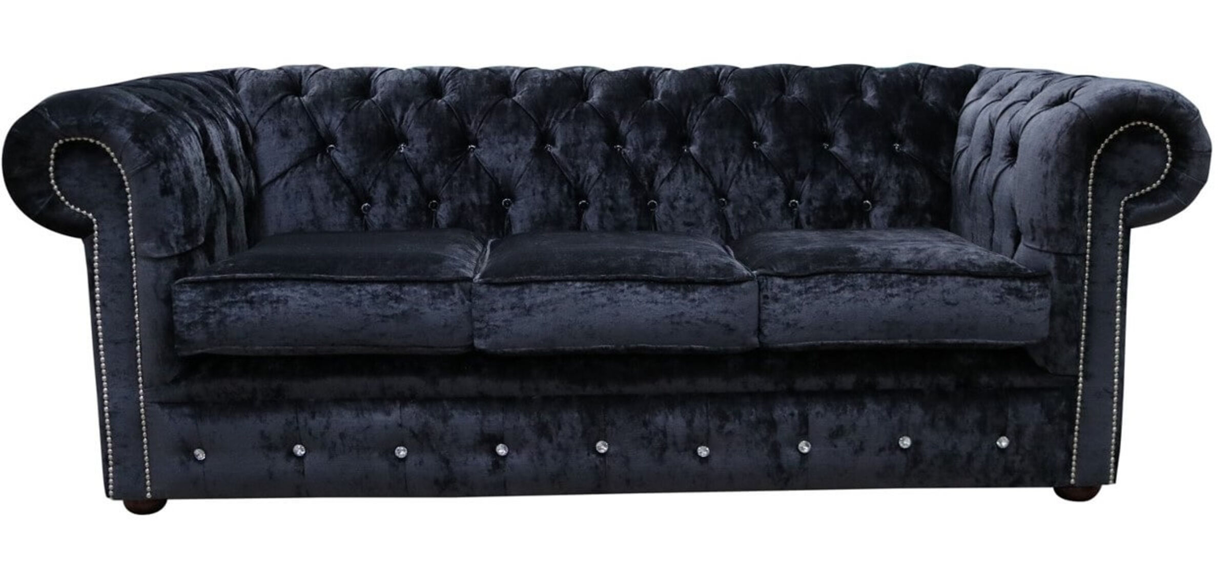 Chesterfield Crystal Diamond 3 Seater Modena Black Velvet Fabric Sofa