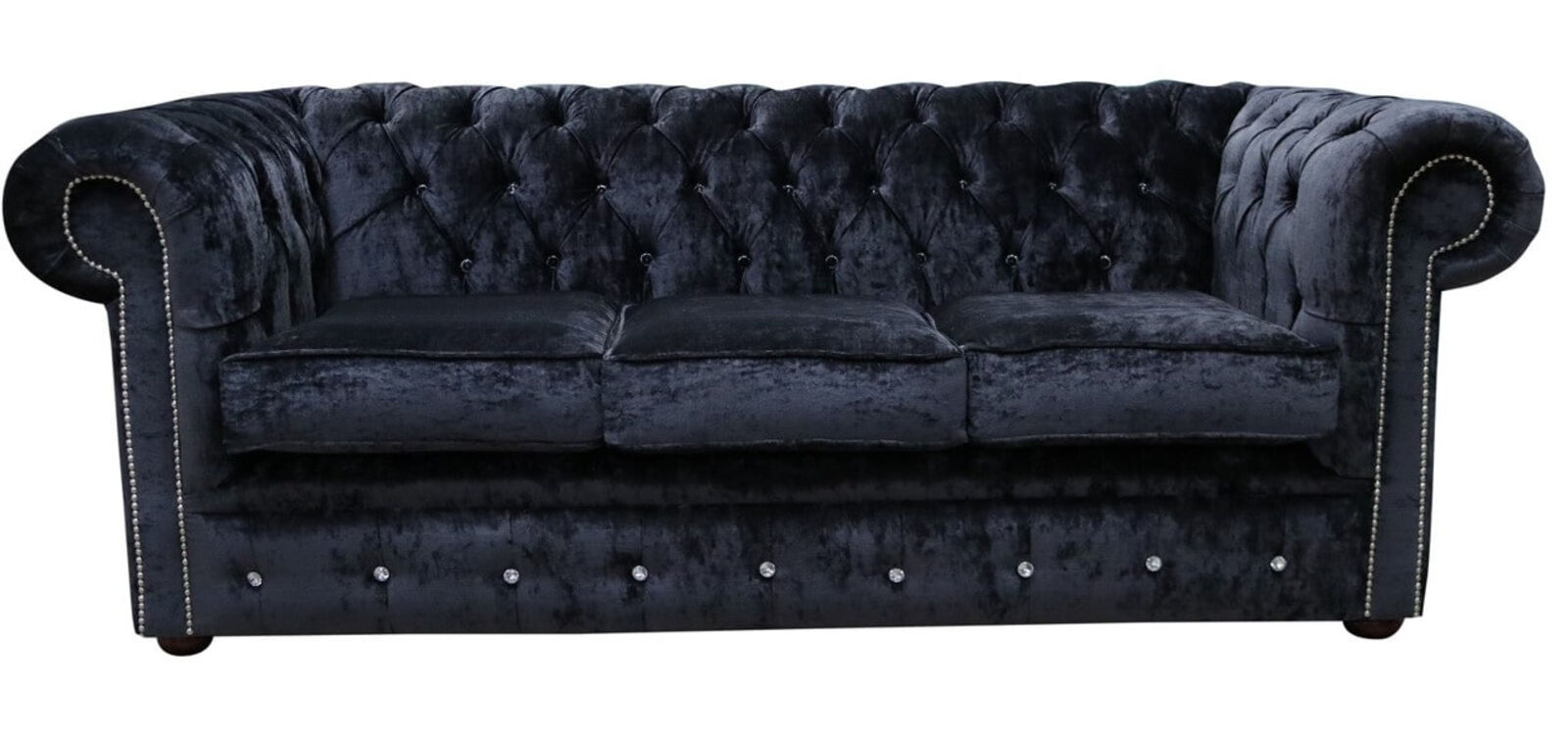 Product photograph of Chesterfield Crystal Diamond 3 Seater Modena Black Velvet Fabric Sofa from Designer Sofas 4U