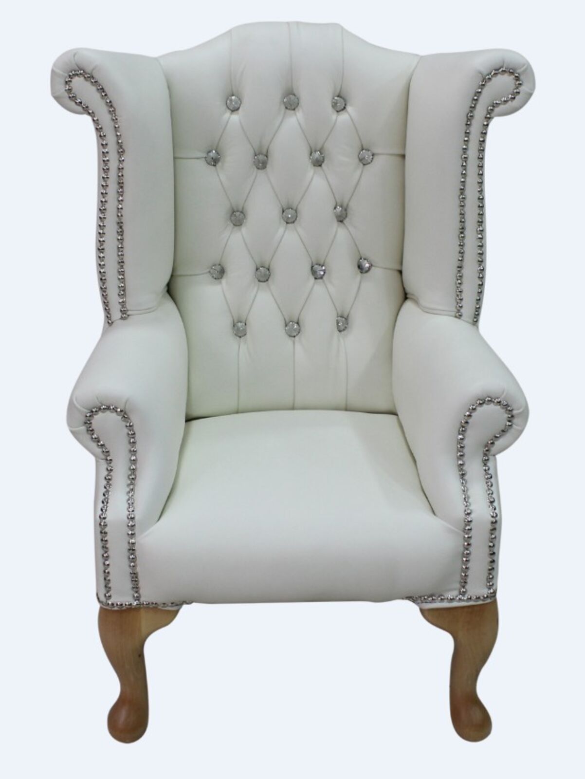 Product photograph of Chesterfield Childrens Crystal Queen Anne High Back Wing Chair White Leather from Designer Sofas 4U