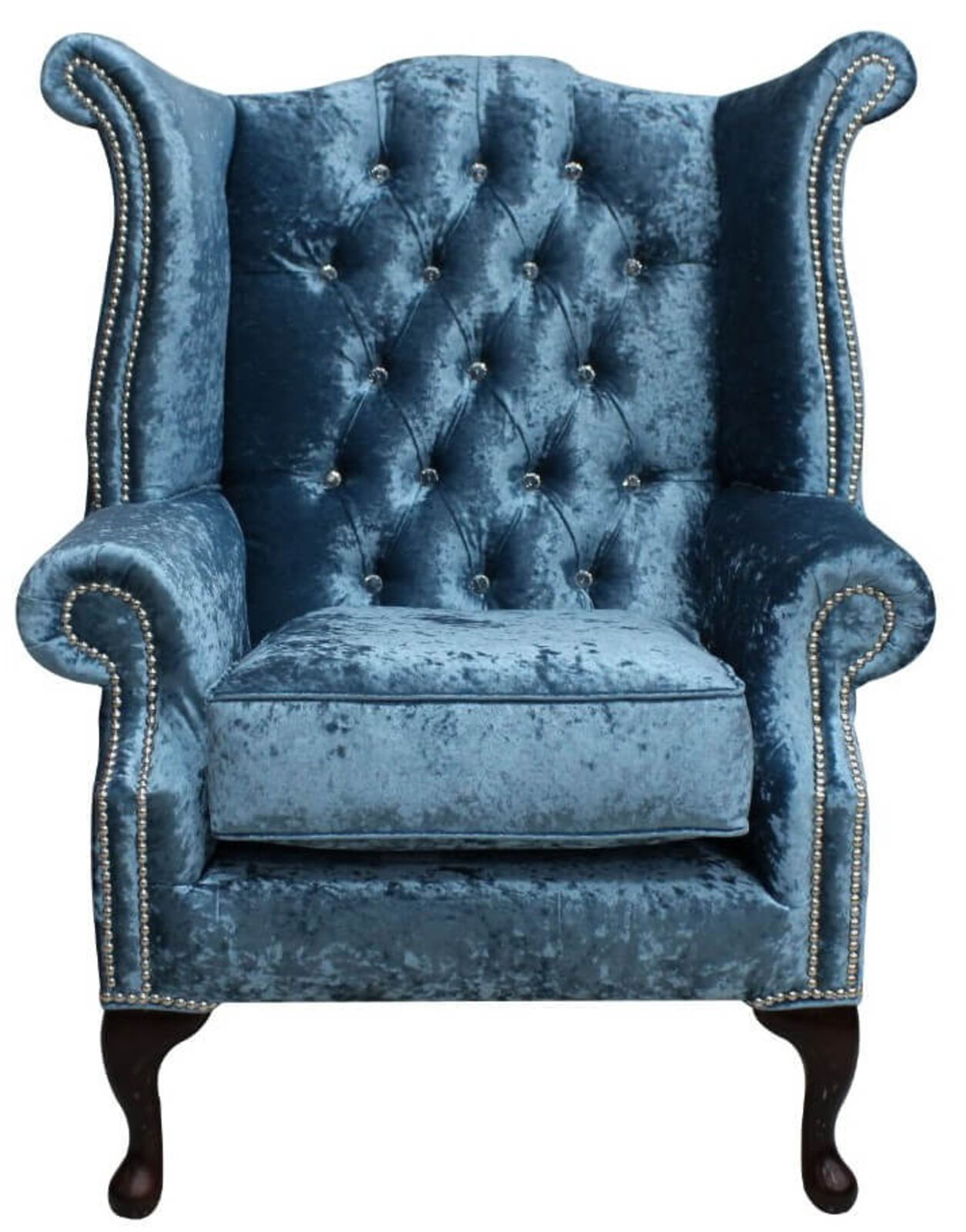 Product photograph of Chesterfield Crystal Queen Anne High Back Wing Chair Shimmer Aqua Velvet from Designer Sofas 4U