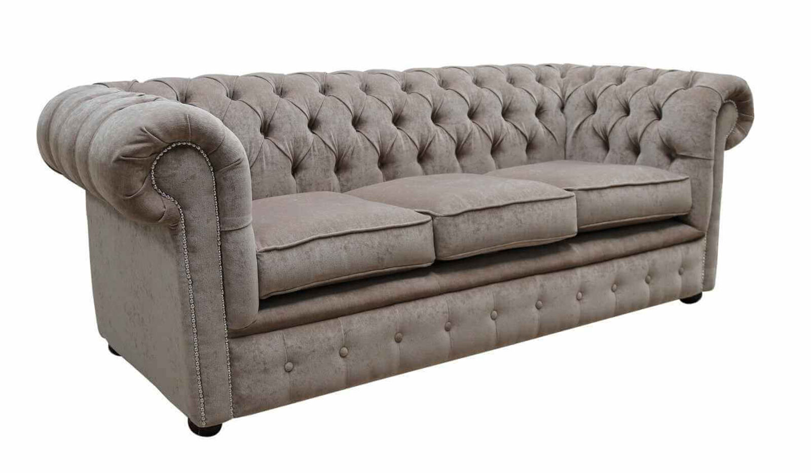 Product photograph of Chesterfield 3 Seater Settee Pimlico Mink Fabric Sofa Offer from Designer Sofas 4U