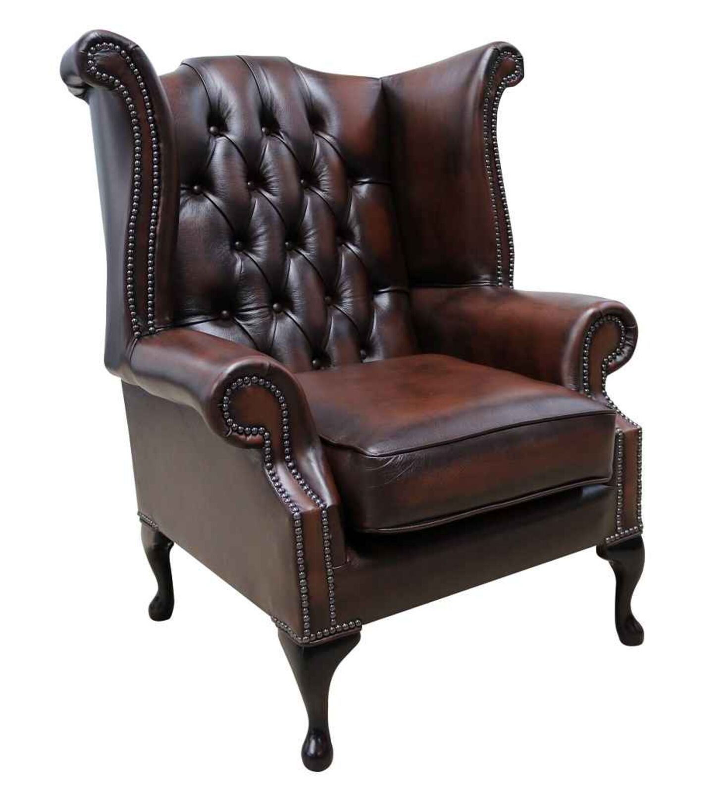 Product photograph of Chesterfield Georgian Queen Anne Wing Chair Antique Brown Leather from Designer Sofas 4U