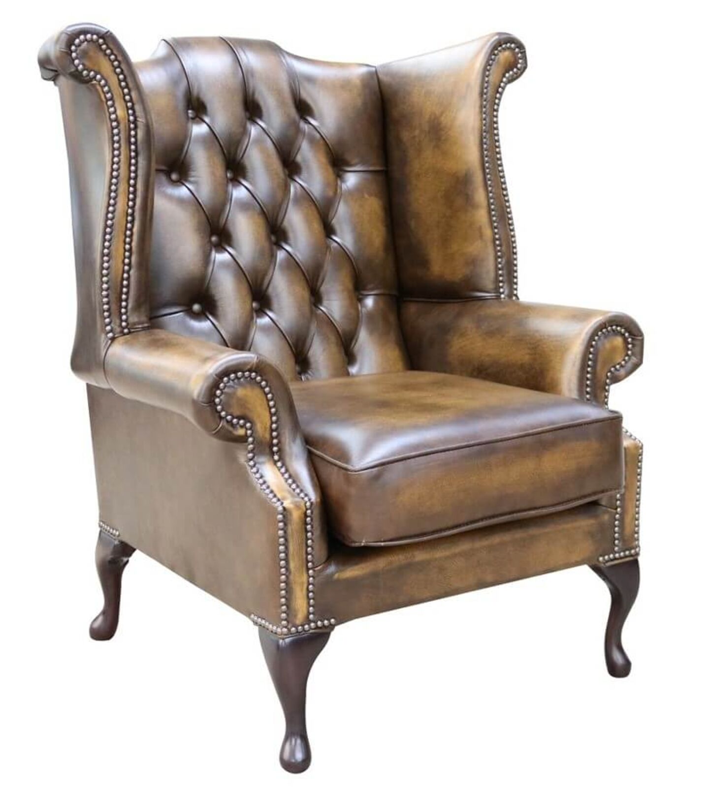 Product photograph of Chesterfield Georgian Queen Anne Wing Chair Antique Gold Leather from Designer Sofas 4U