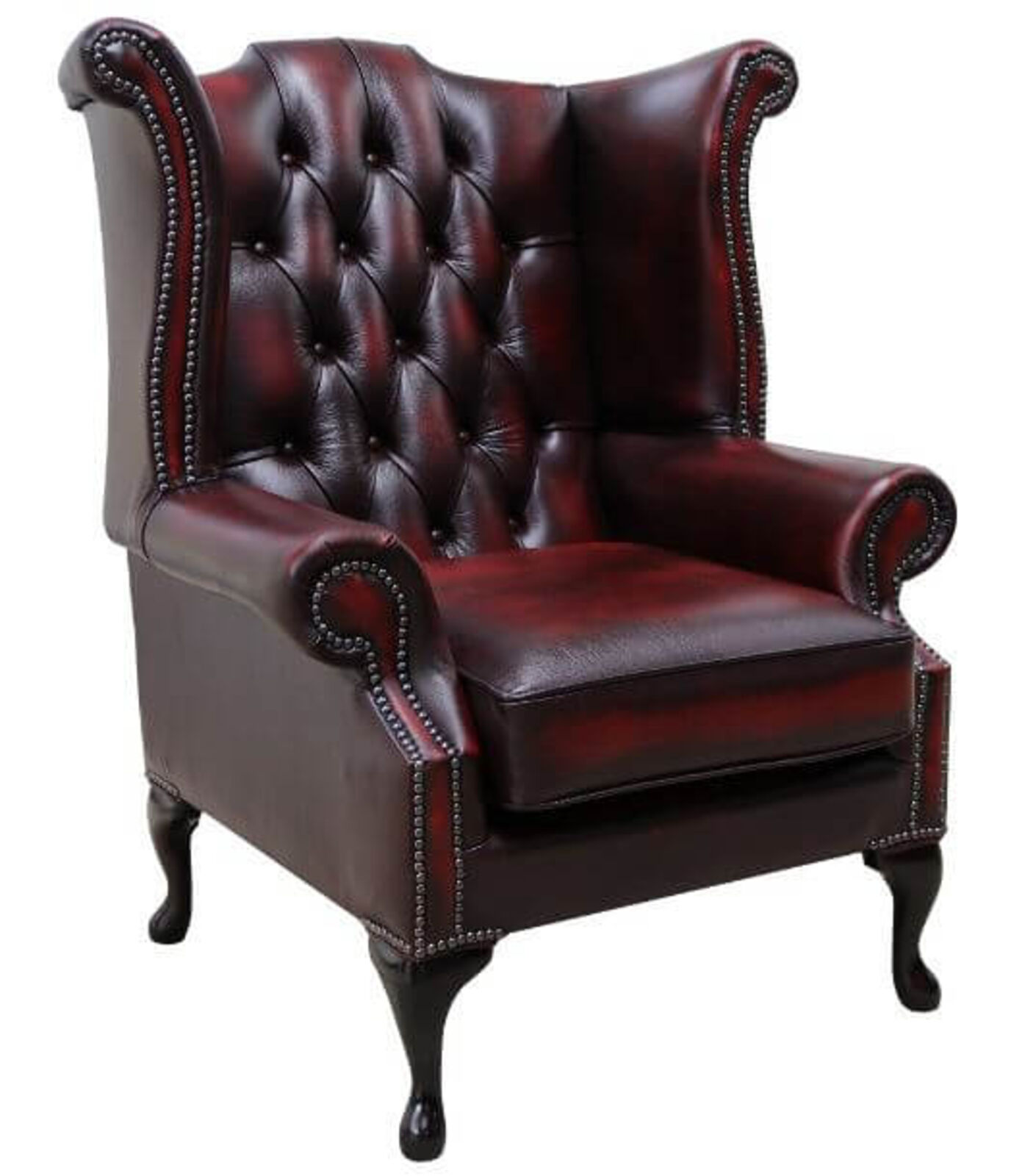 Product photograph of Rub Off Antique Oxblood Red Leather Chesterfield Georgian Queen Anne Wing Chair Designersofas4u from Designer Sofas 4U
