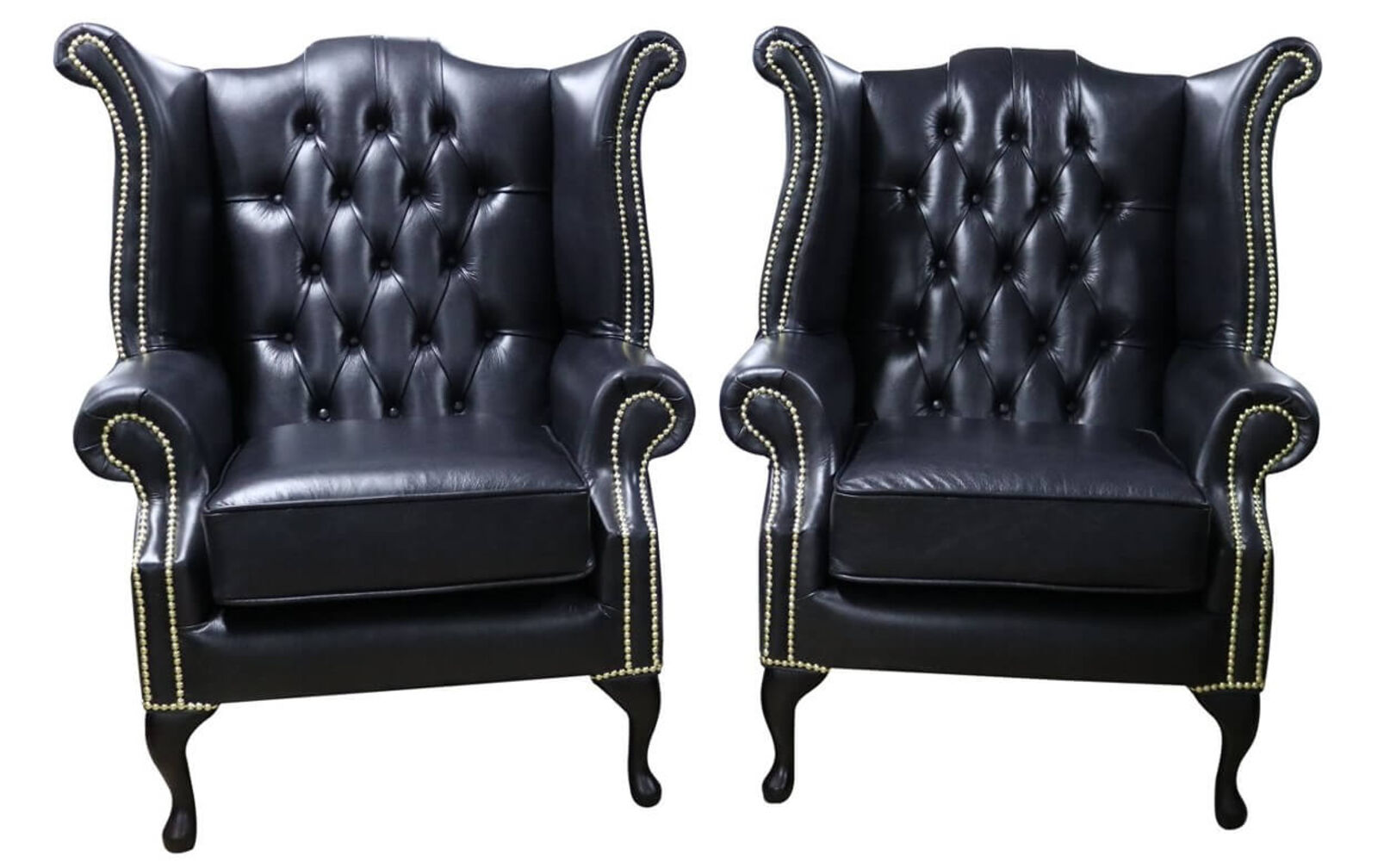Product photograph of 2 X Chesterfield Georgian Queen Anne High Back Wing Chairs Old English Black Leather from Designer Sofas 4U