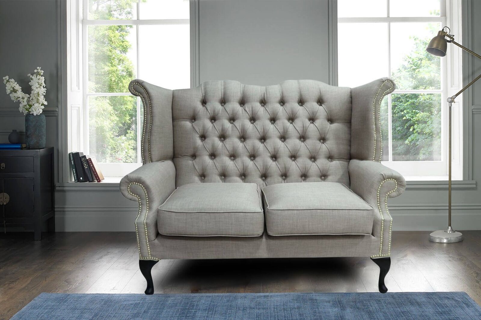 Product photograph of Chesterfield 2 Seater Queen Anne High Back Wing Sofa Charles Fudge Linen Fabric from Designer Sofas 4U