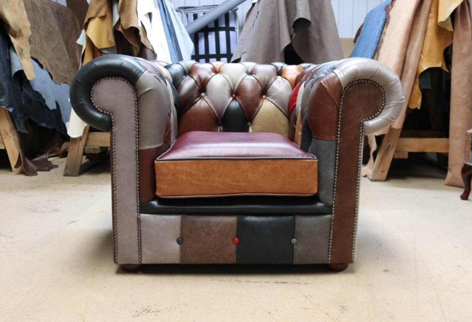 Product photograph of Chesterfield Patchwork Leather Club Chair 1 from Designer Sofas 4U