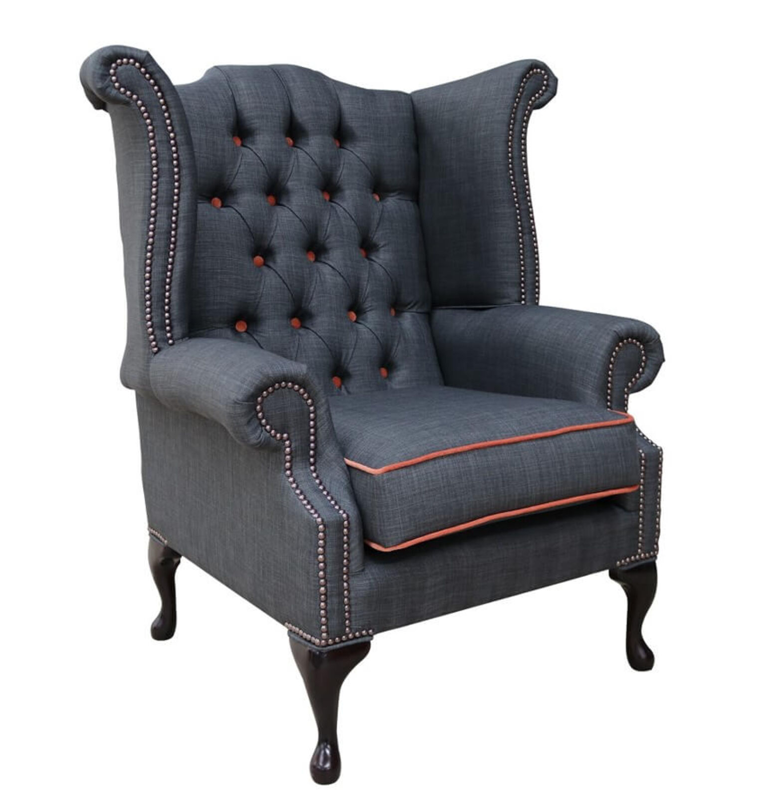Product photograph of Charles Charcoal Orange Trim Fabric Chesterfield Linen Queen Anne High Back Wing Chair Designersofas4u from Designer Sofas 4U