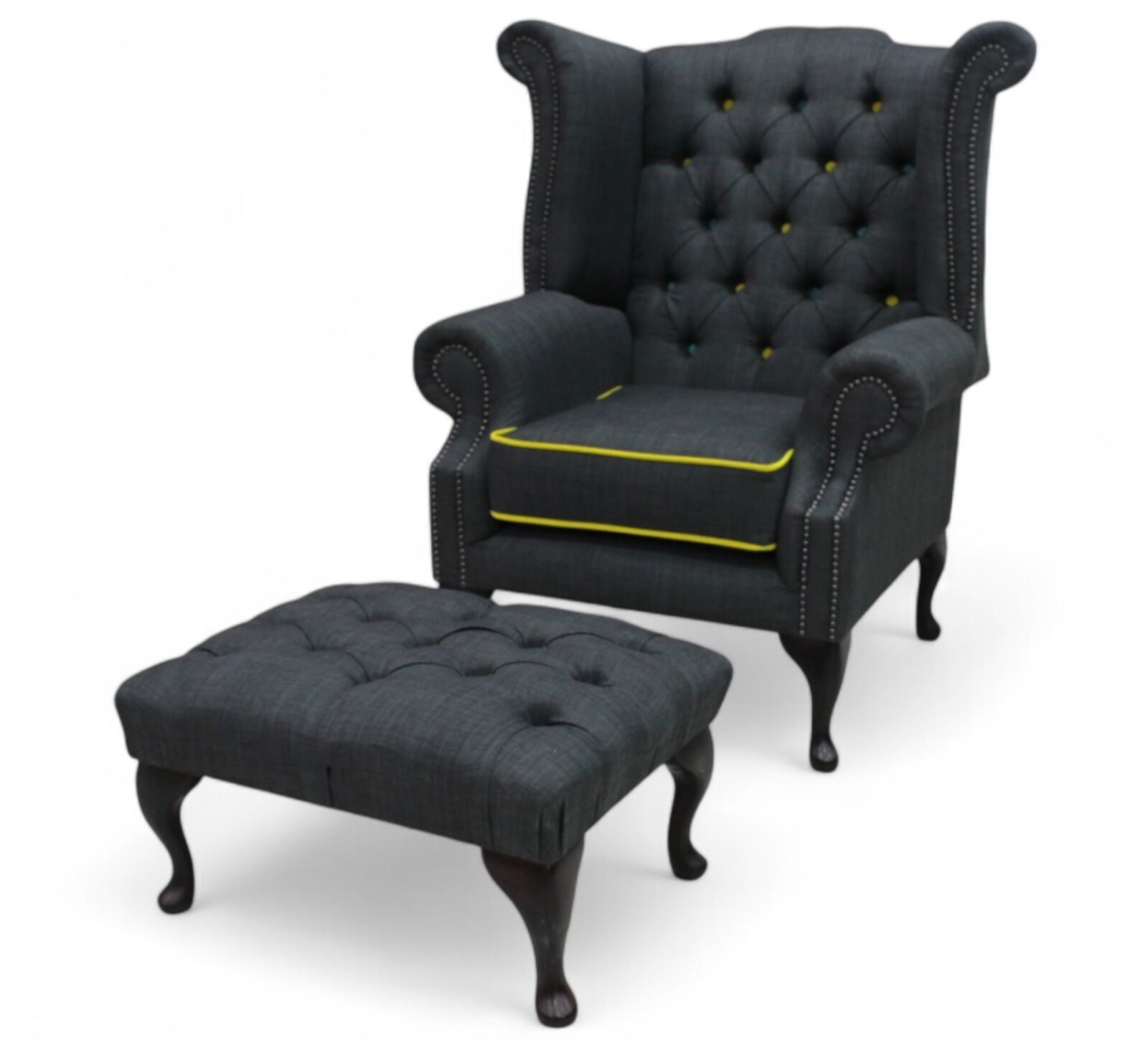 Product photograph of Chesterfield Queen Anne Linen High Back Wing Chair Charles Charcoal Yellow Trim Footstool from Designer Sofas 4U