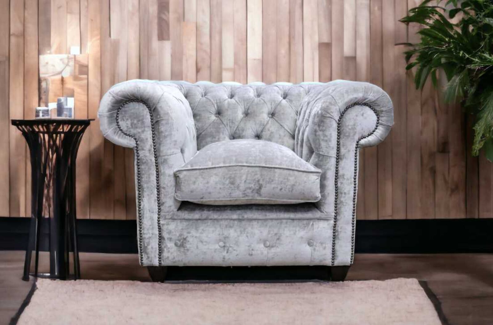 Product photograph of Chesterfield Low Back Club Armchair Modena Monument Grey Velvet Fabric from Designer Sofas 4U