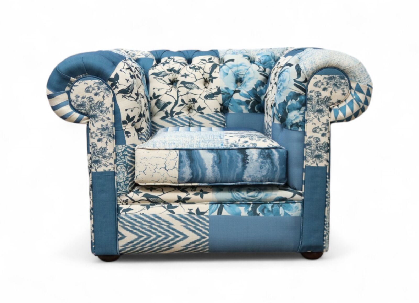 Product photograph of Chesterfield Low Back Club Chair Charles Patchwork Blue Fabric from Designer Sofas 4U