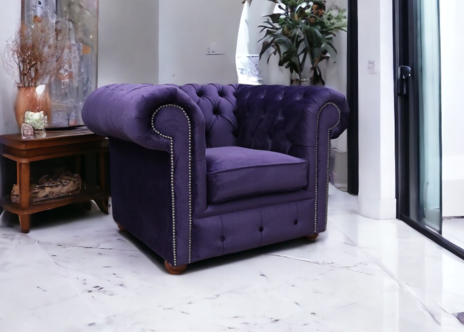 Product photograph of Chesterfield Low Back Club Chair Malta Purple Amethyst Velvet Fabric from Designer Sofas 4U
