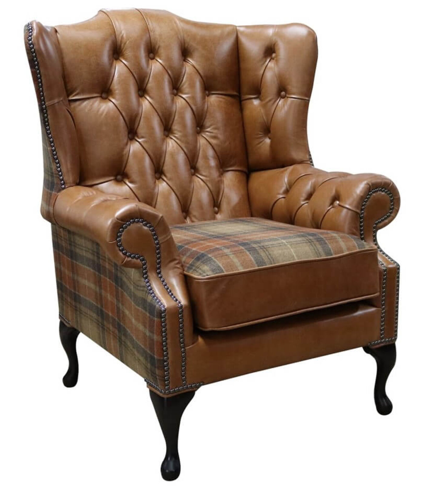 Product photograph of Chesterfield Ludlow High Back Wing Chair Old English Tan And Vintage Caramel Wool from Designer Sofas 4U