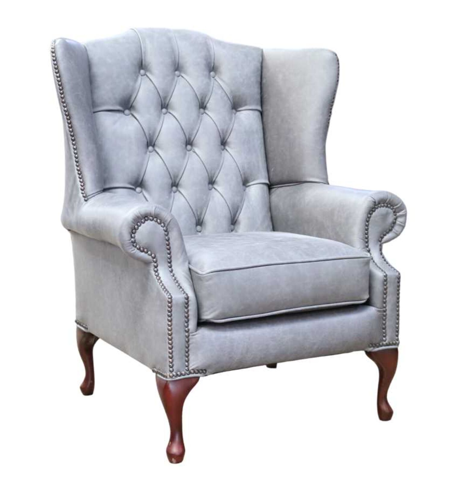 Product photograph of Chesterfield Mallory Queen Anne High Back Wing Chair Cracked Wax Ash Grey Leather from Designer Sofas 4U