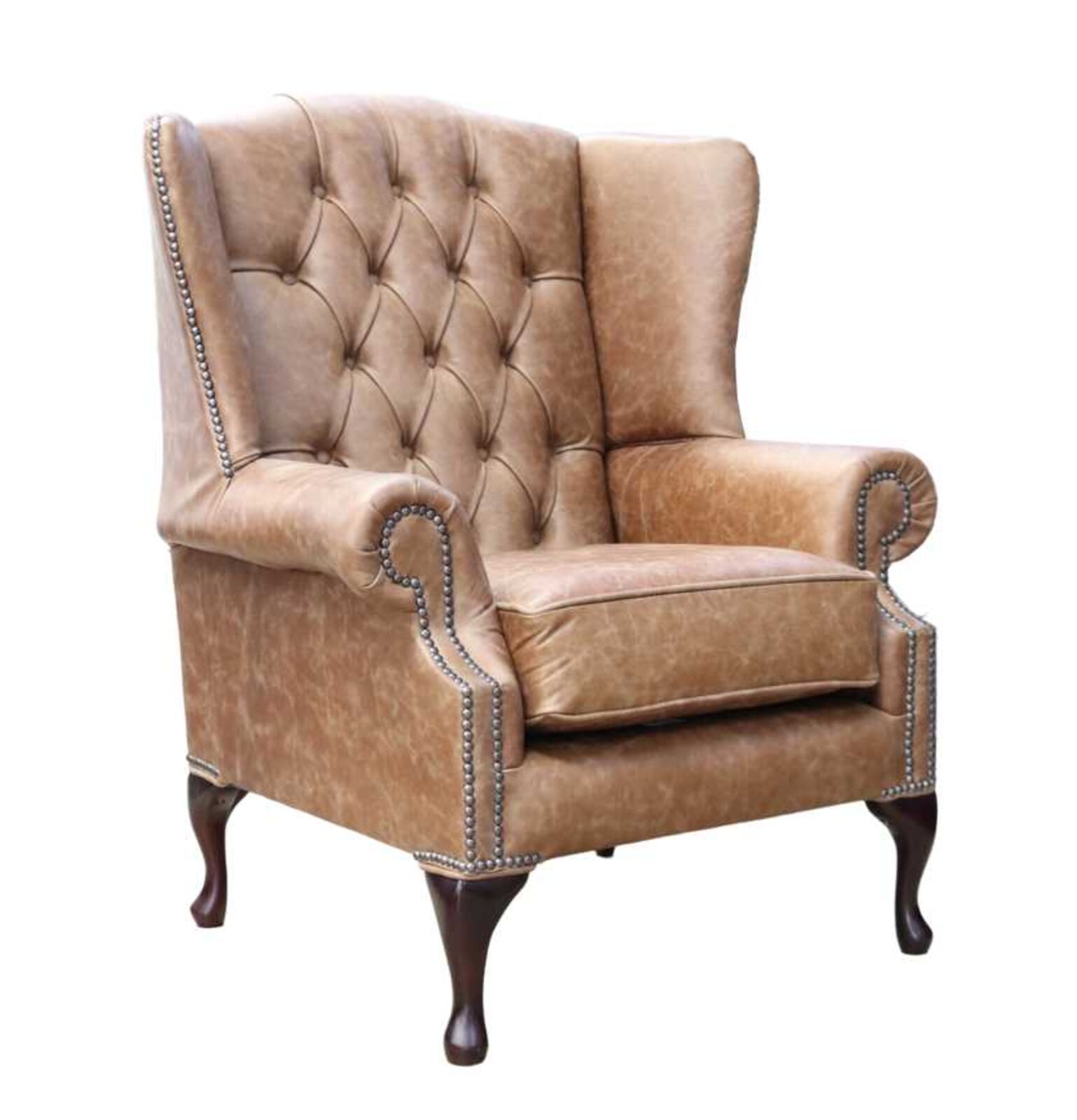 Product photograph of Chesterfield Mallory Queen Anne High Back Wing Chair Cracked Wax Tan Leather from Designer Sofas 4U