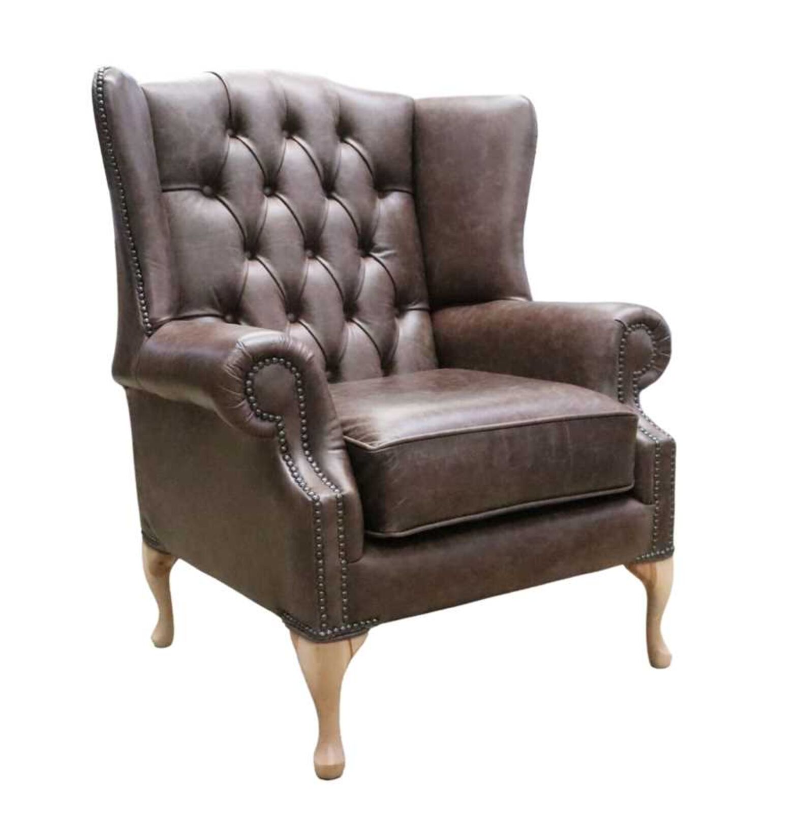 Product photograph of Chesterfield Mallory Queen Anne High Back Wing Chair Cracked Wax Tobacco Leather from Designer Sofas 4U