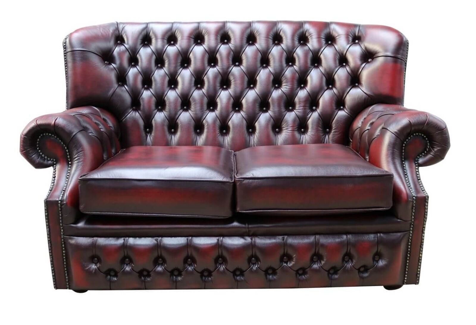 Product photograph of Monks Chesterfield 2 Seater Antique Oxblood Leather Sofa Offer from Designer Sofas 4U