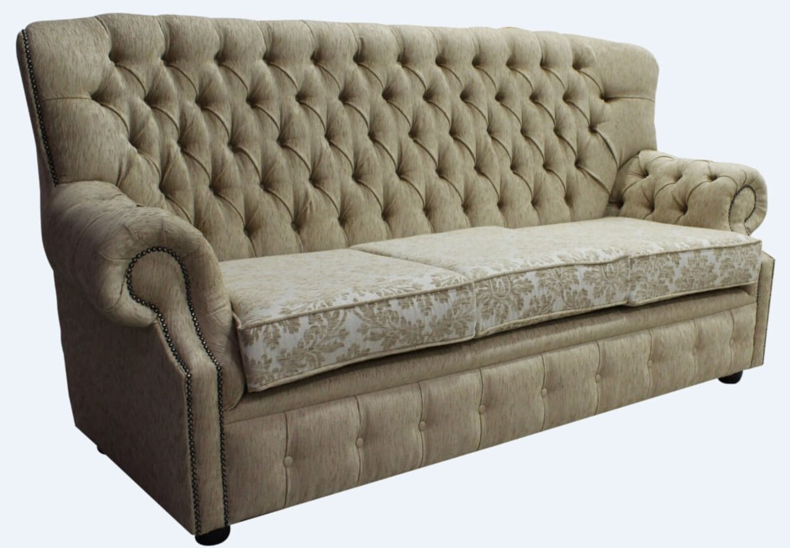 Product photograph of Monks Chesterfield 3 Seater Cadiz Mink Fabric Sofa Offer from Designer Sofas 4U