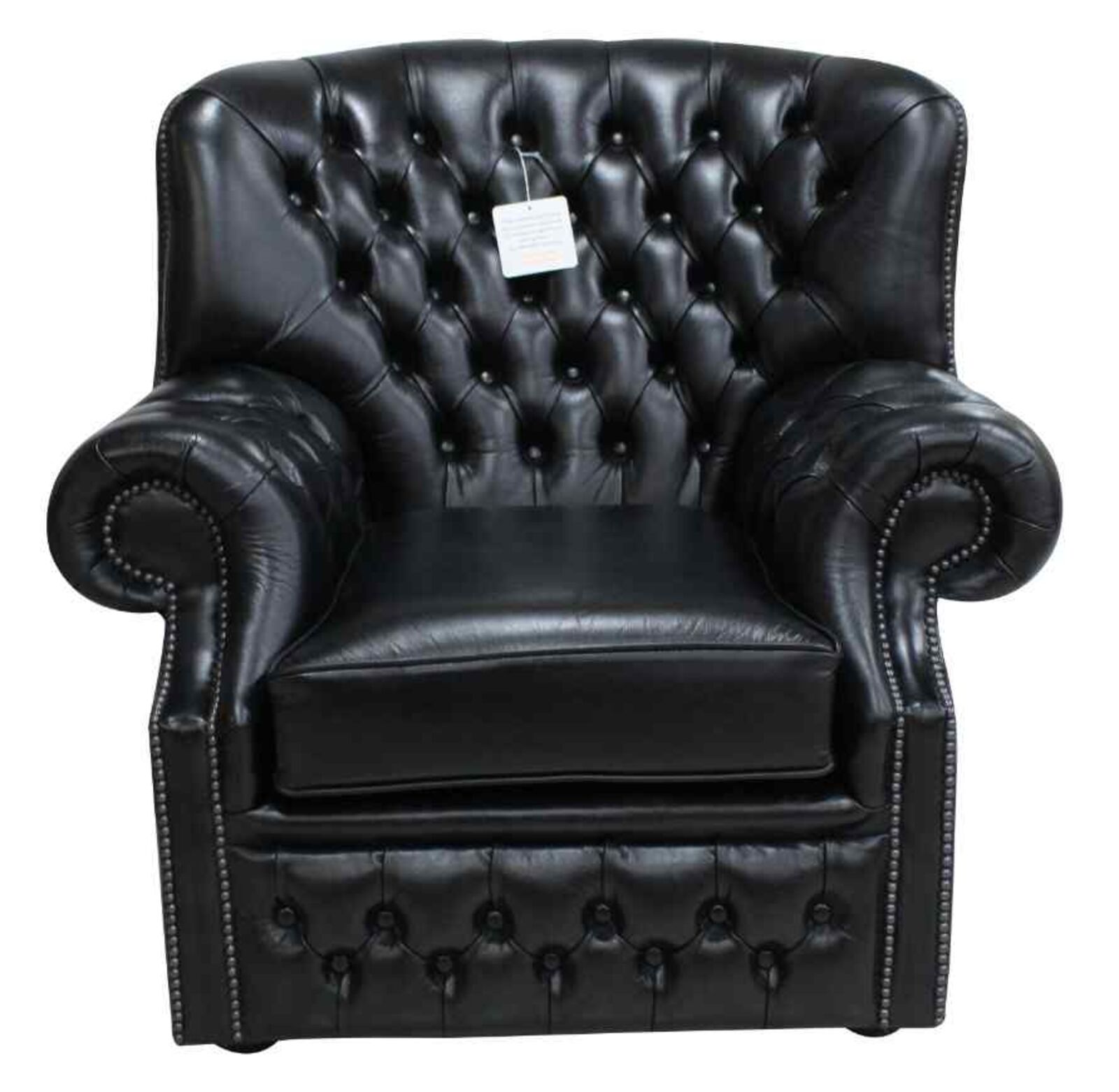 Product photograph of Black Leather Chesterfield Monks Armchair Old English from Designer Sofas 4U
