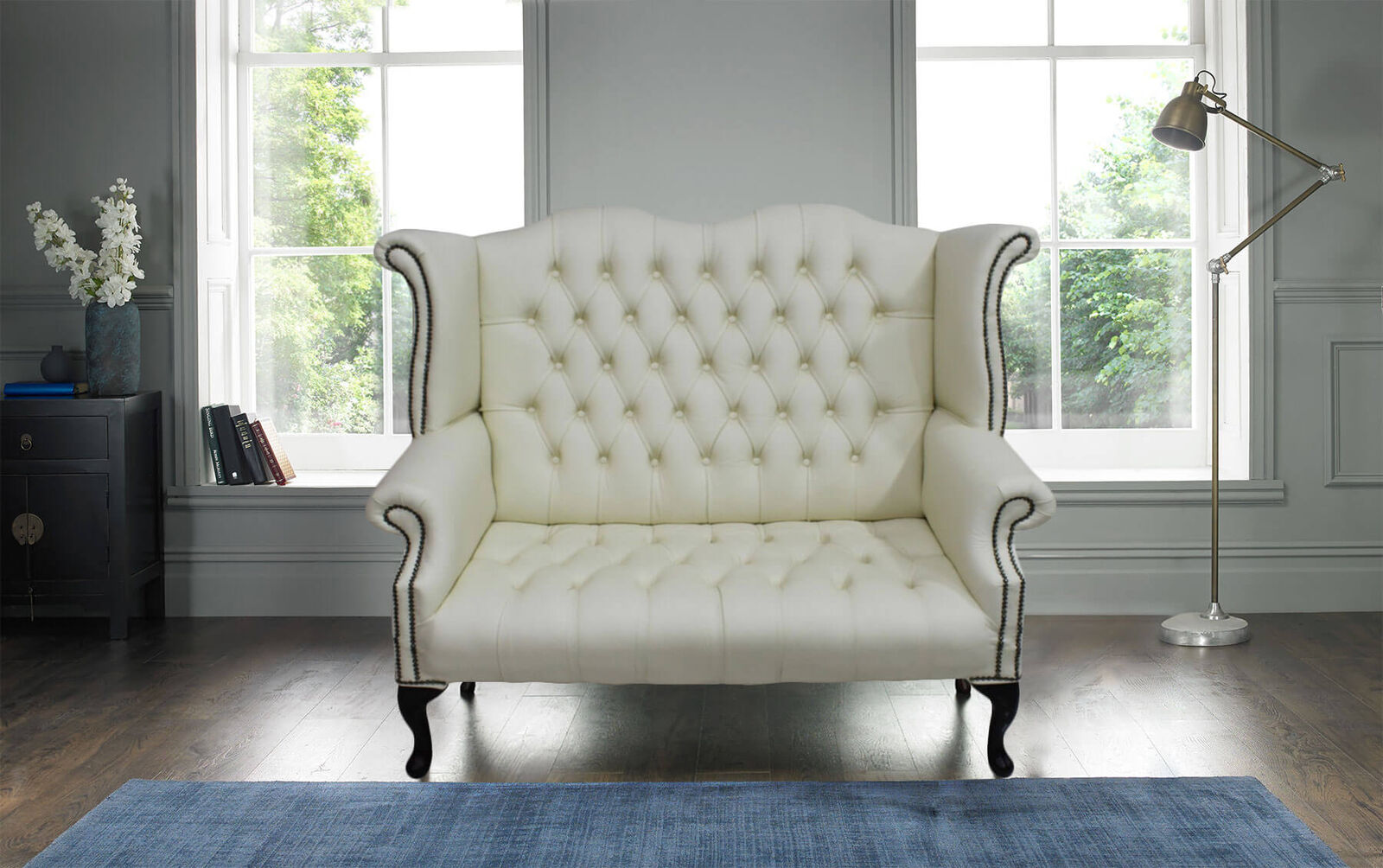 Product photograph of Chesterfield Newby 2 Seater Queen Anne High Back Wing Chair Sofa Cream Leather from Designer Sofas 4U