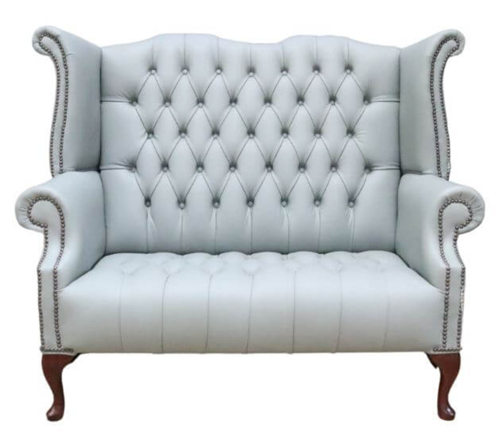 Product photograph of Chesterfield Newby 2 Seater Queen Anne High Back Wing Chair Sofa Moonmist Grey Leather from Designer Sofas 4U