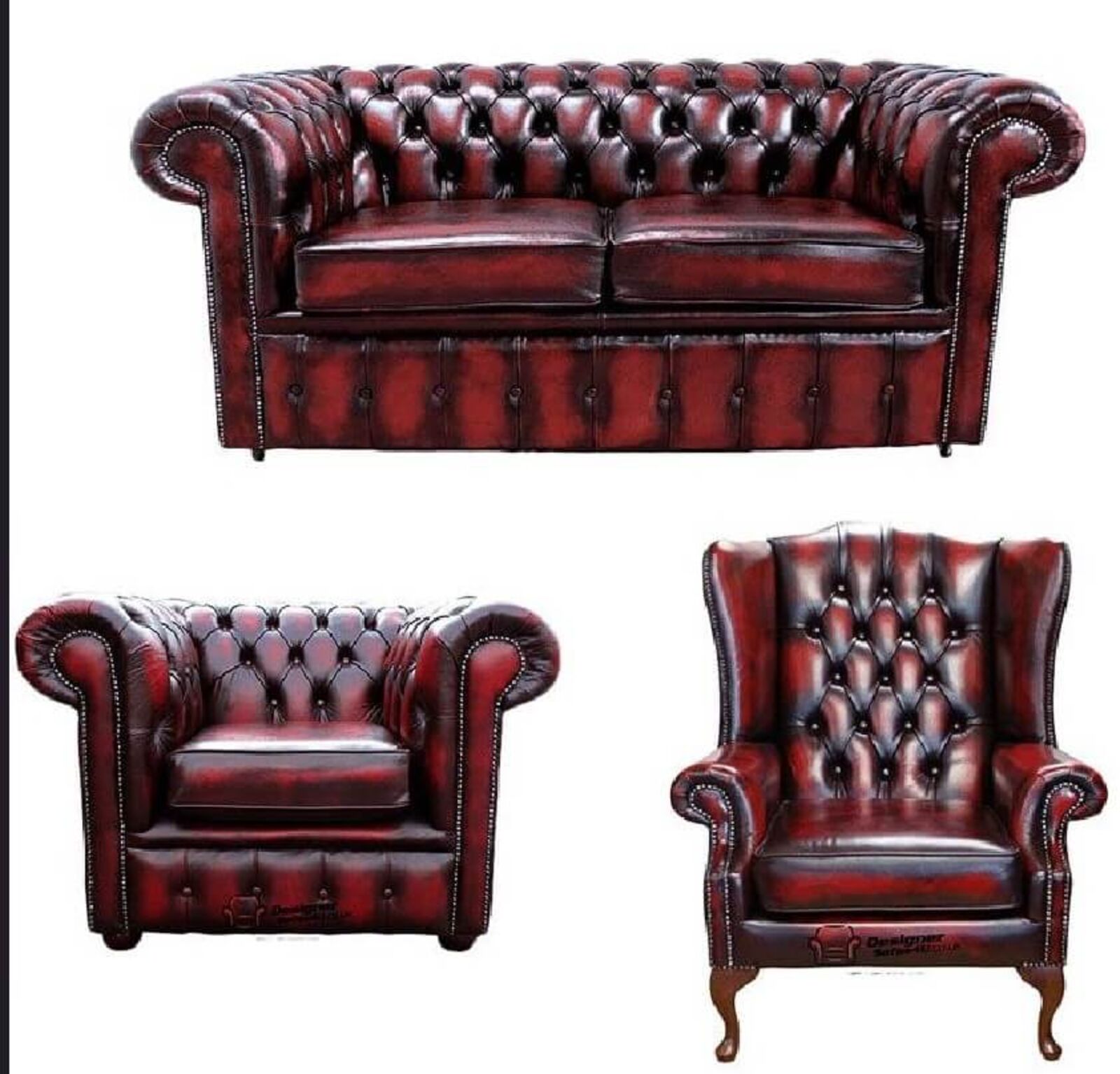 Product photograph of Chesterfield 2 Seater Sofa Club Chair Mallory Wing Chair Leather Sofa Suite Offer Antique Oxblood from Designer Sofas 4U