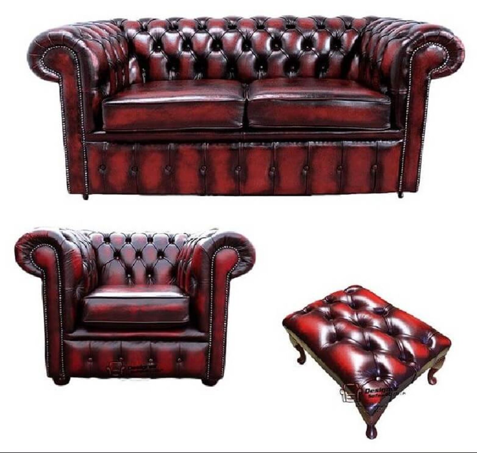 Product photograph of Chesterfield 2 Seater Sofa Club Chair Footstool Leather Sofa Suite Offer Antique Oxblood from Designer Sofas 4U