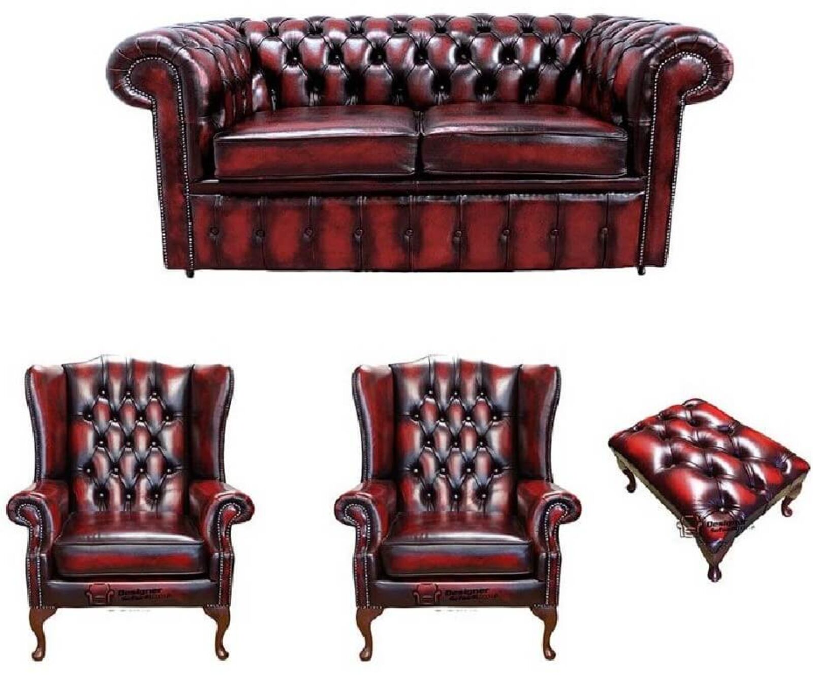 Product photograph of Chesterfield 2 Seater Sofa 2 X Mallory Wing Chair Footstool Leather Sofa Suite Offer Antique Oxblood from Designer Sofas 4U