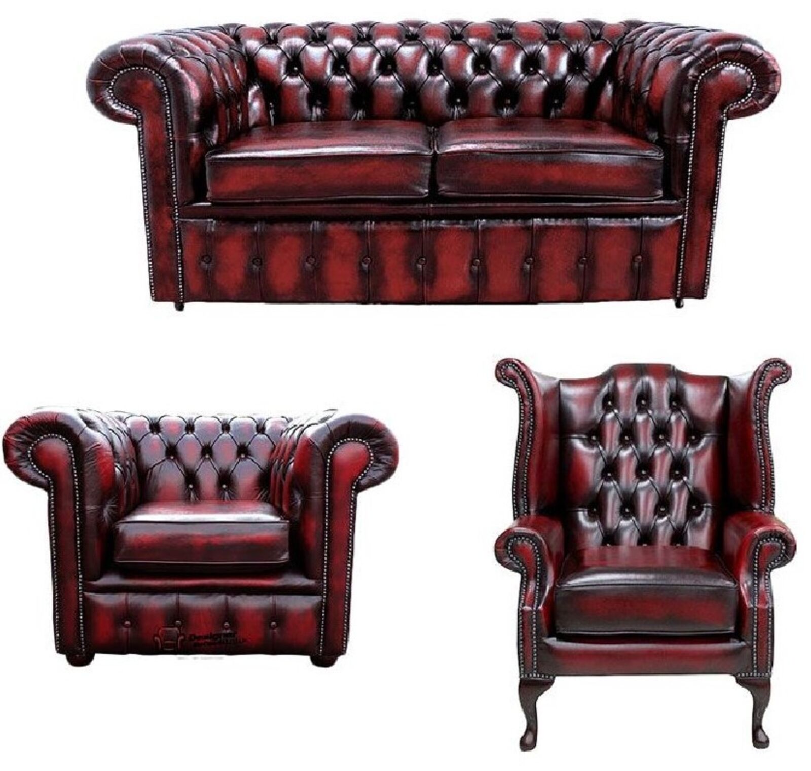 Product photograph of Chesterfield 2 Seater Sofa Club Chair Queen Anne Wing Chair Antique Oxblood Leather Sofa Suite from Designer Sofas 4U