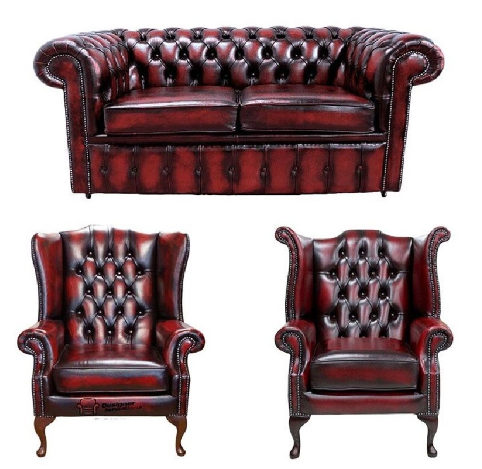 Product photograph of Chesterfield 2 Seater Sofa 1 X Mallory Wing Chair 1 X Queen Anne Wing Chair Leather Sofa Suite Offer Antique Oxblood from Designer Sofas 4U